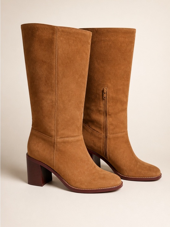 Crown Vintage Shoes - Crown Vintage Tall Suede Block-Heel Boots in Chestnut Brown - 6.5